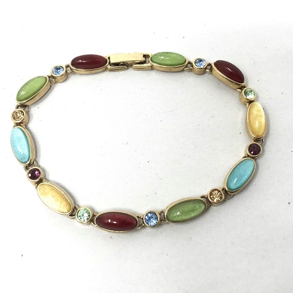 Vintage Liz Claiborne Bracelet Gold Tone Lucite Glass Rhinestones Foldover Clasp - Picture 1 of 7